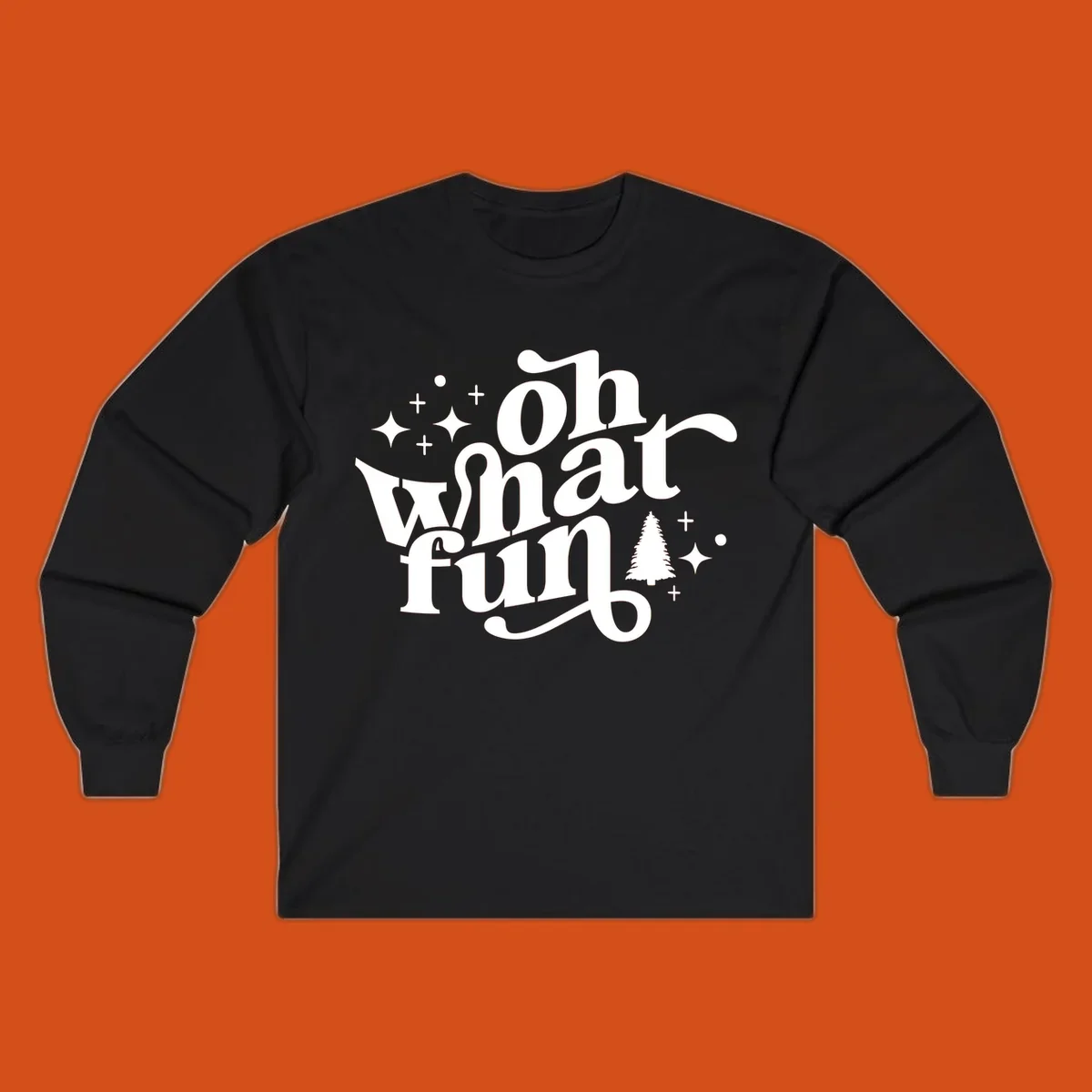 Oh what fun holiday text with christmas tree, stars, and plus signs graphic. oh-what-fun-christmas
