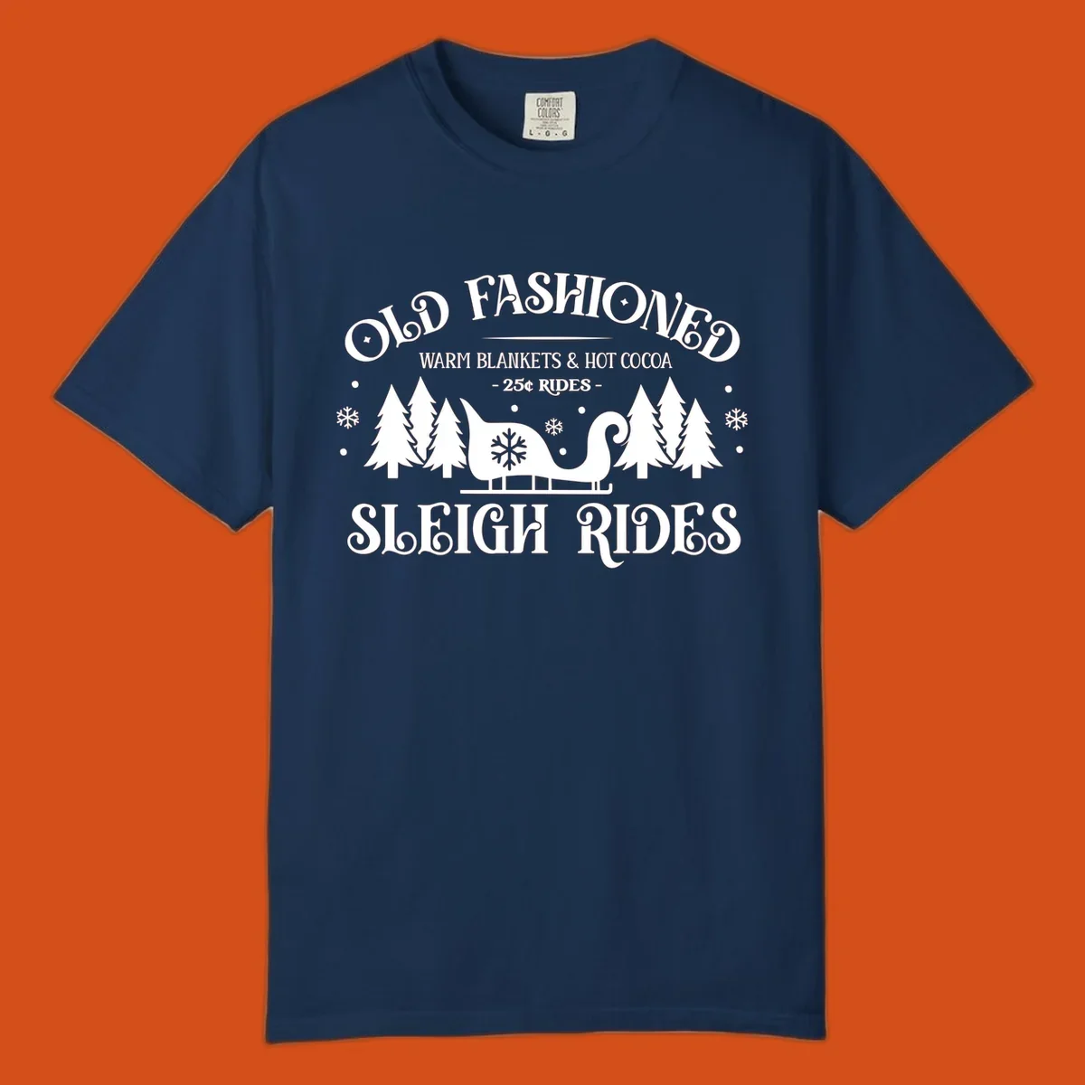 Old fashioned sleigh ride with warm blankets and hot cocoa text, trees, and sleigh illustration.
