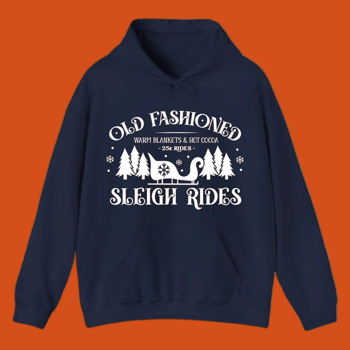 Old fashioned sleigh ride with warm blankets and hot cocoa text, trees, and sleigh illustration.