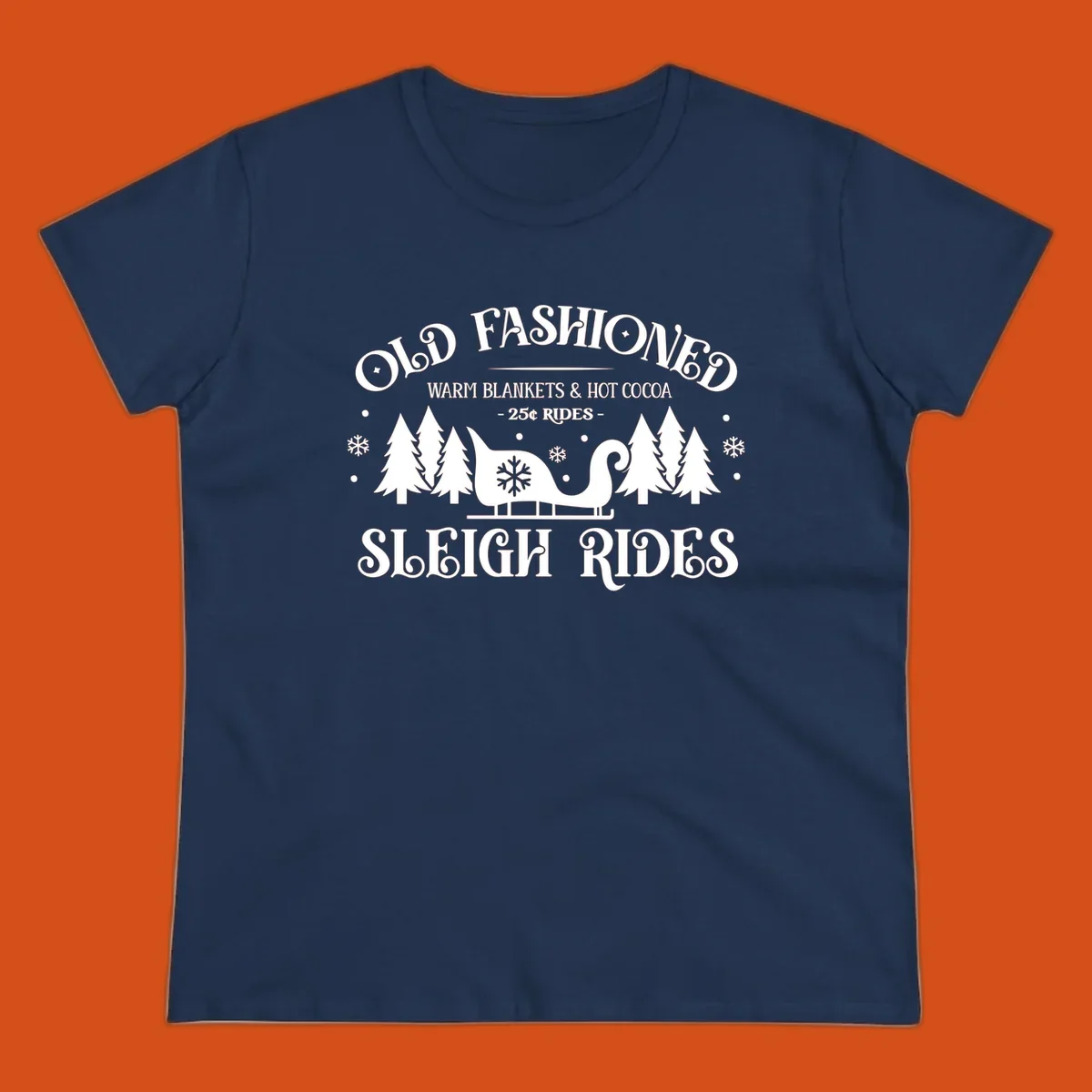 Old fashioned sleigh ride with warm blankets and hot cocoa text, trees, and sleigh illustration.