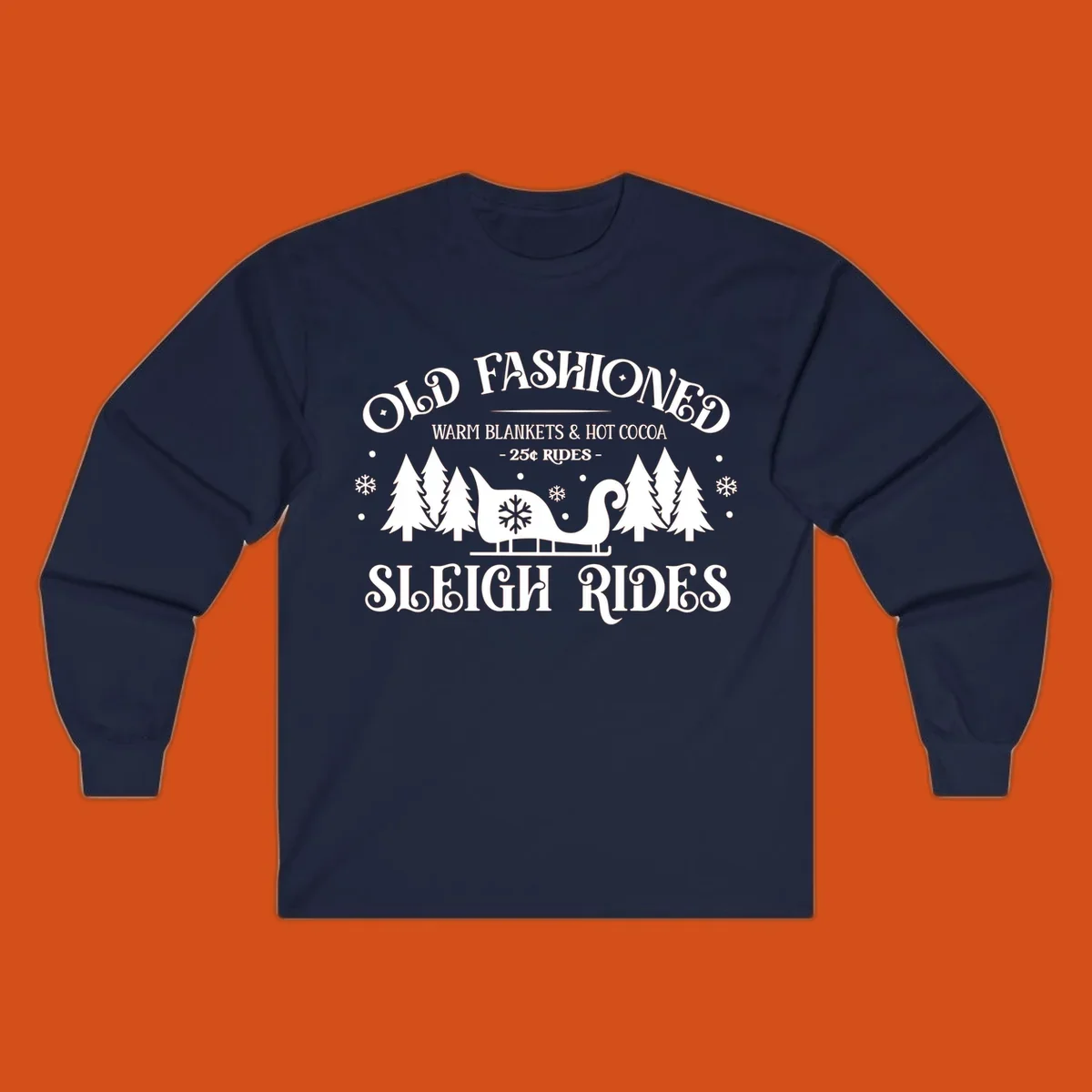 Old fashioned sleigh ride with warm blankets and hot cocoa text, trees, and sleigh illustration.