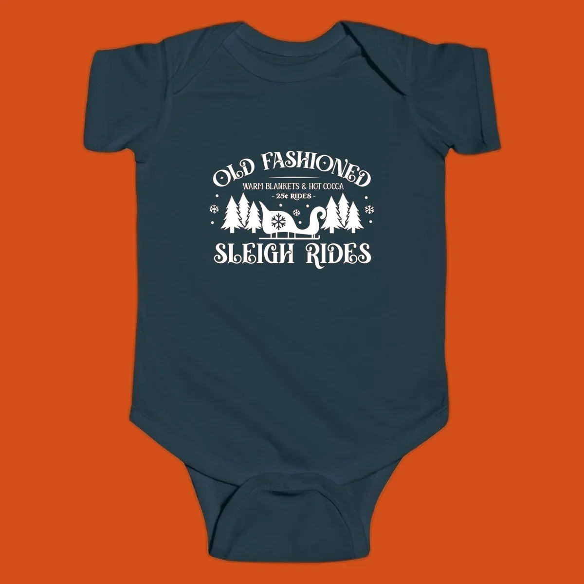 Old fashioned sleigh ride with warm blankets and hot cocoa text, trees, and sleigh illustration.