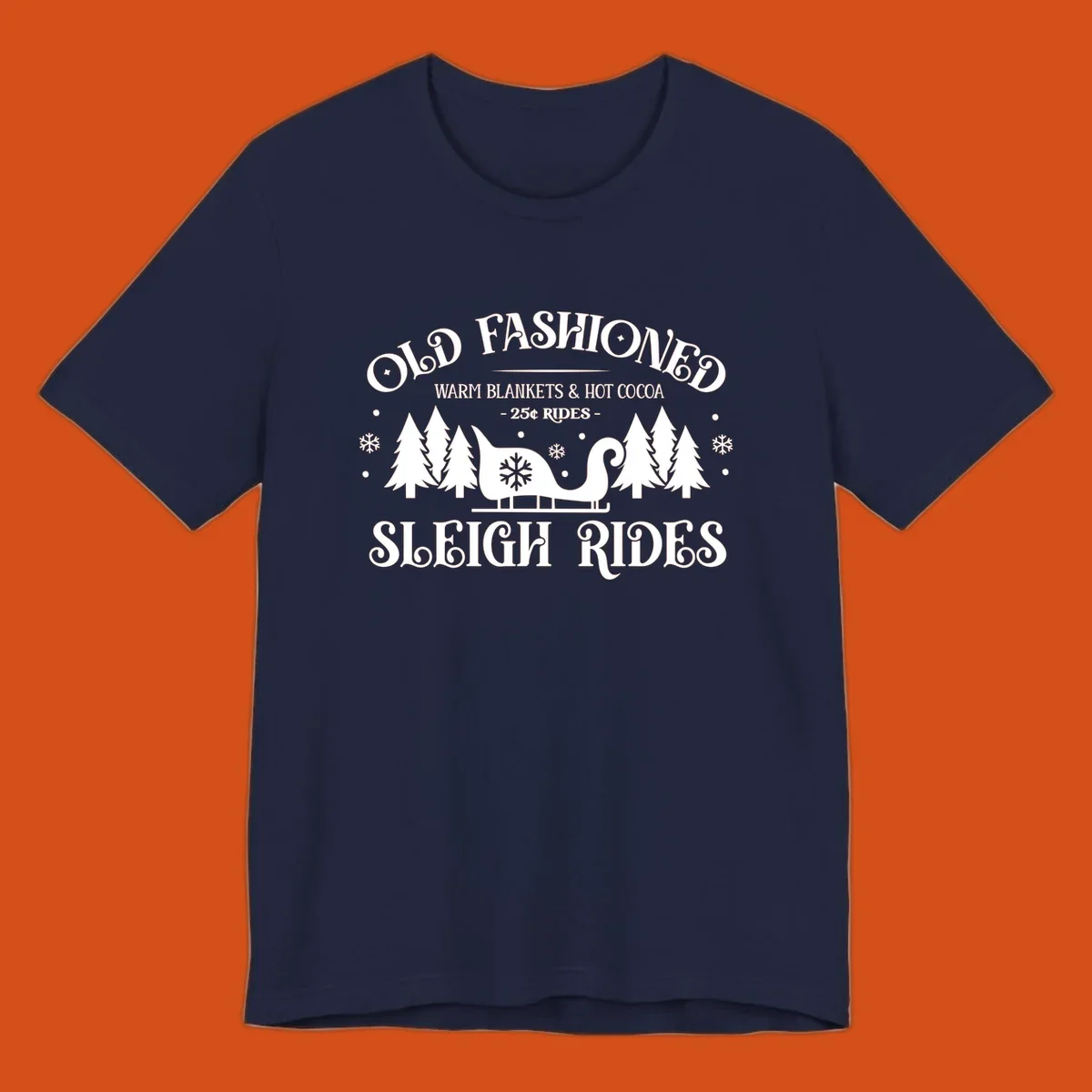 Old fashioned sleigh ride with warm blankets and hot cocoa text, trees, and sleigh illustration.