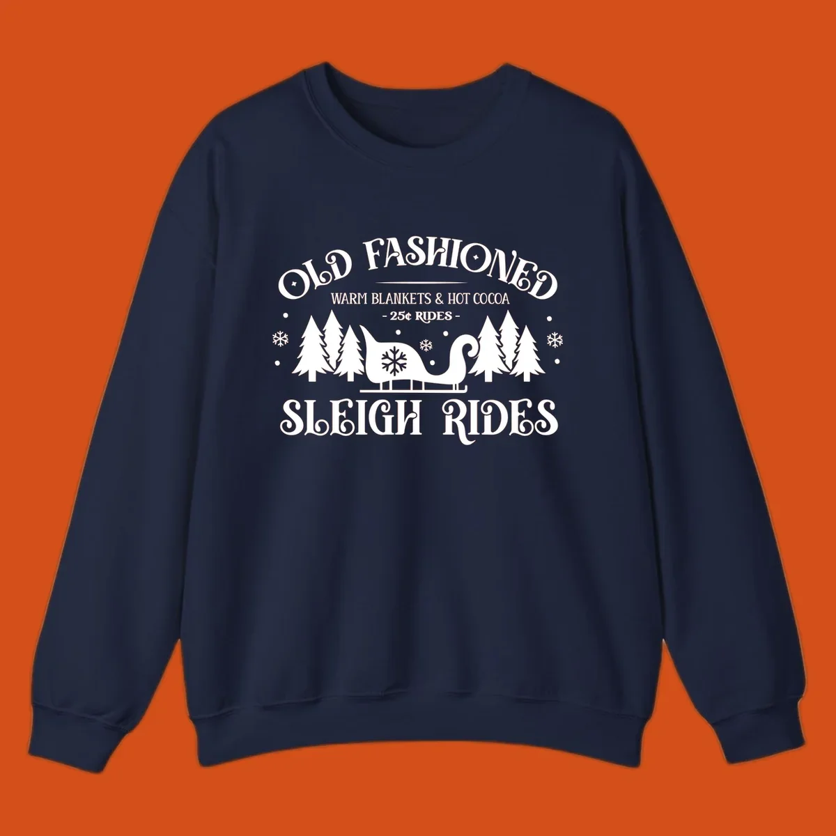 Old fashioned sleigh ride with warm blankets and hot cocoa text, trees, and sleigh illustration.