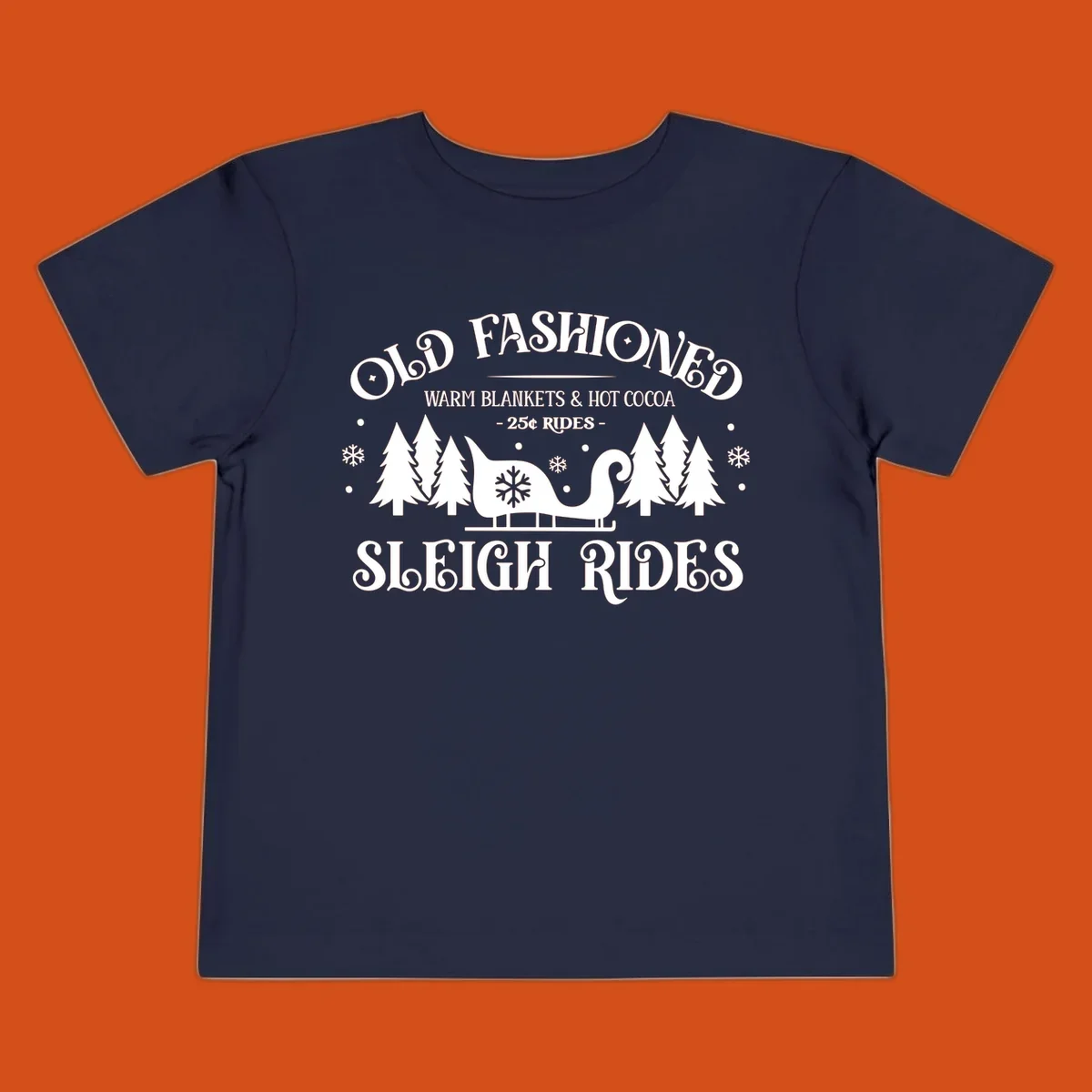 Old fashioned sleigh ride with warm blankets and hot cocoa text, trees, and sleigh illustration.
