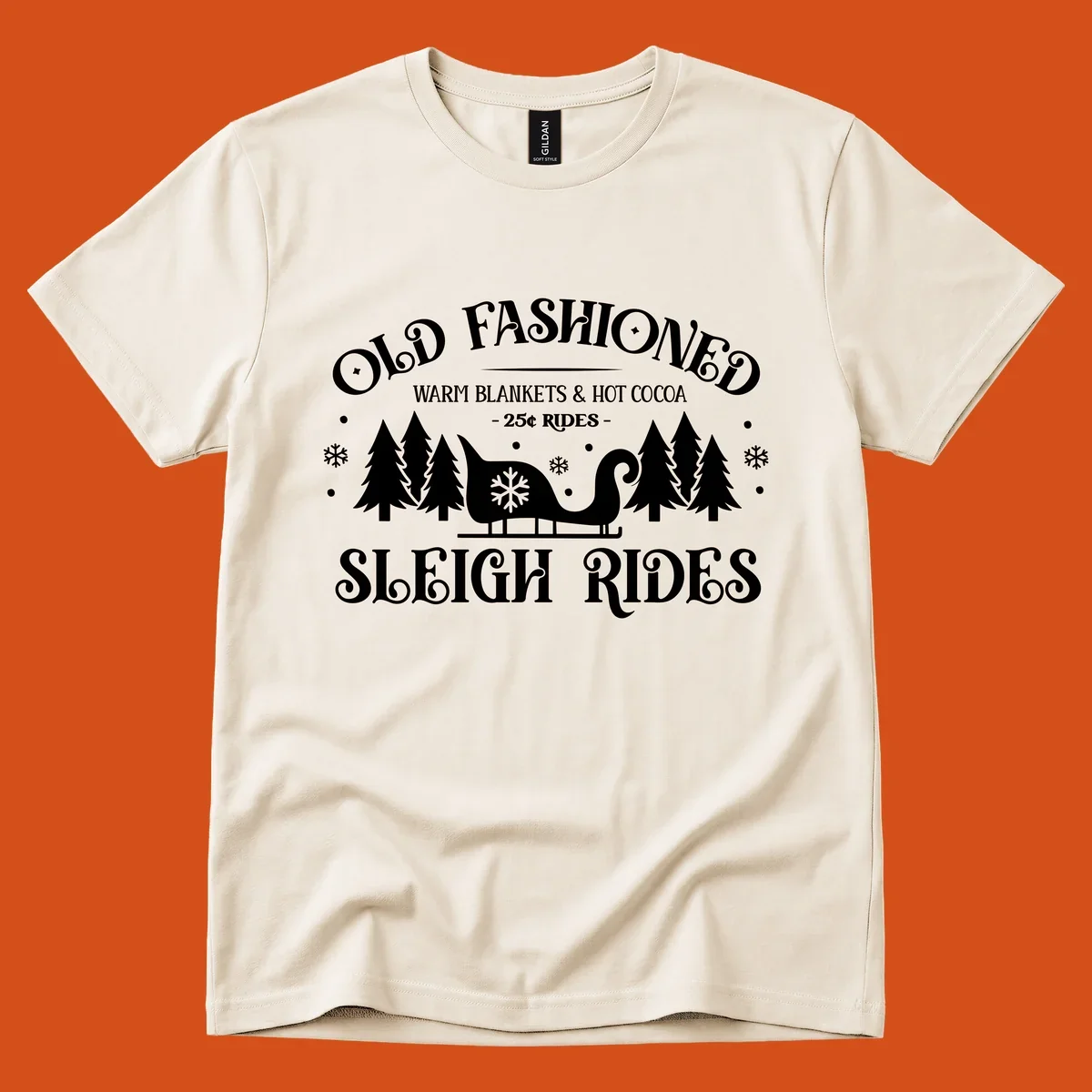 Old fashioned sleigh ride with warm blankets and hot cocoa text, trees, and sleigh illustration.