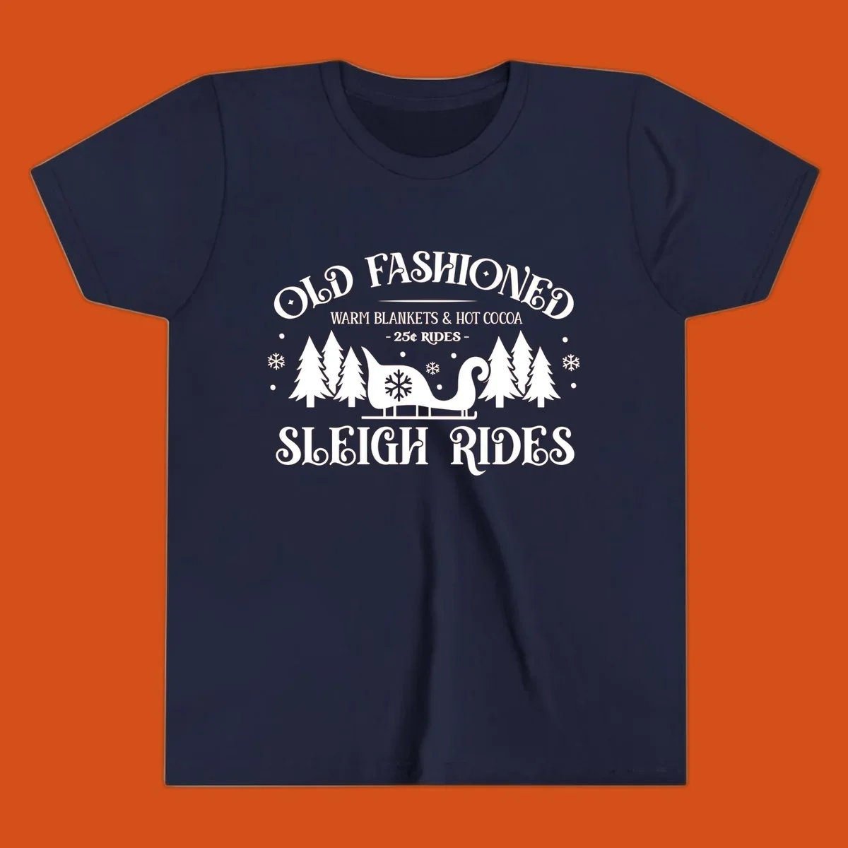 Old fashioned sleigh ride with warm blankets and hot cocoa text, trees, and sleigh illustration.