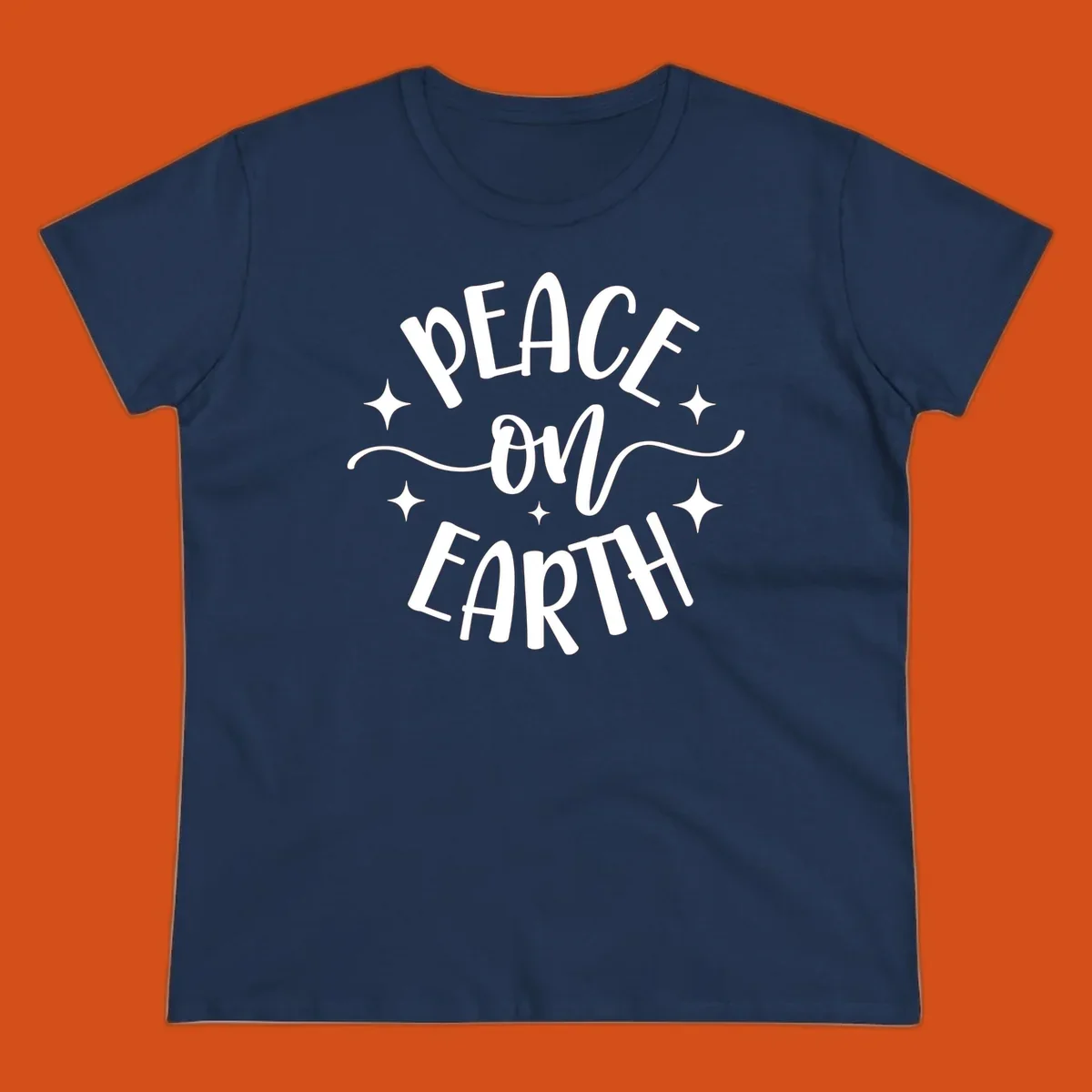Peace on Earth holiday typography design with stars and swirls.