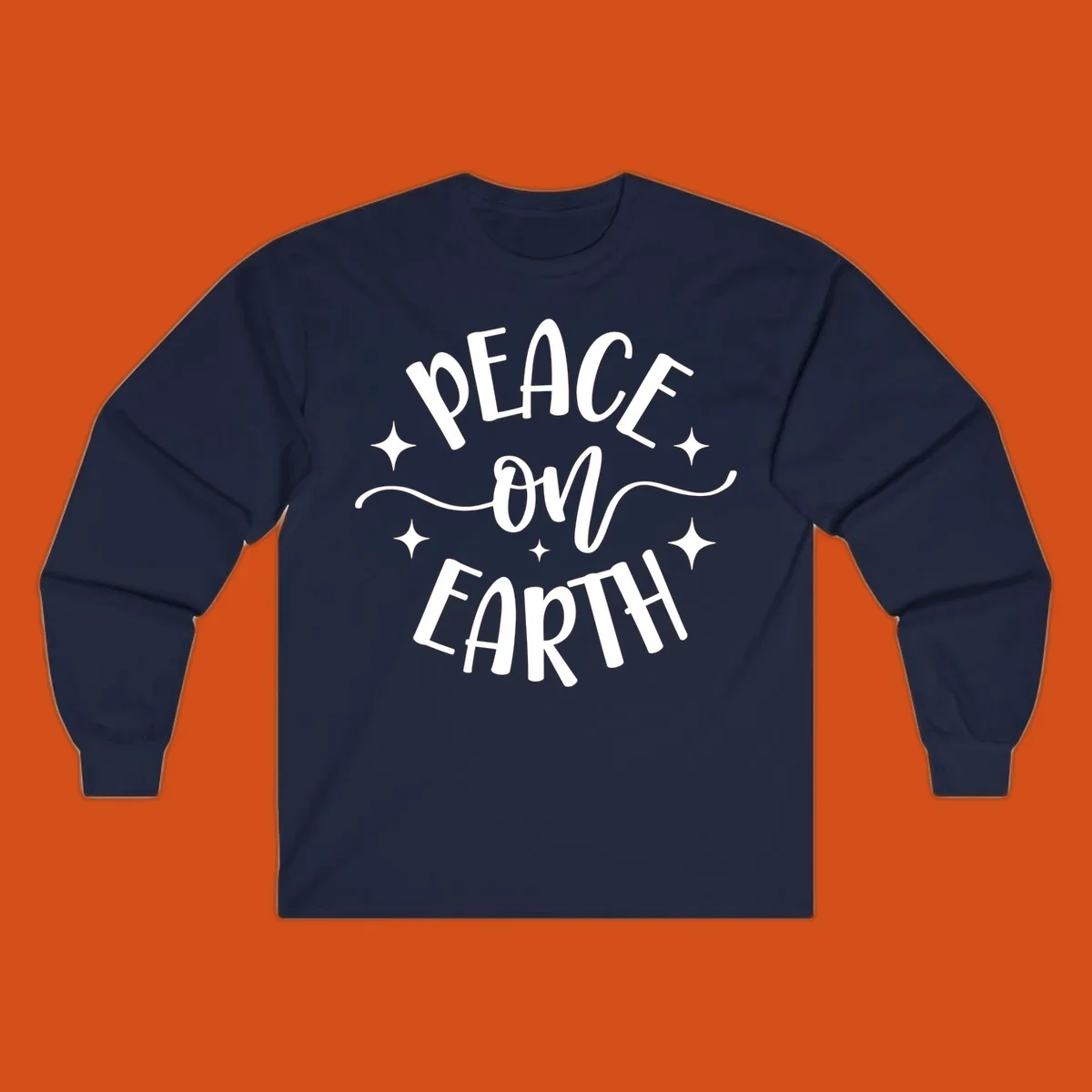 Peace on Earth holiday typography design with stars and swirls.