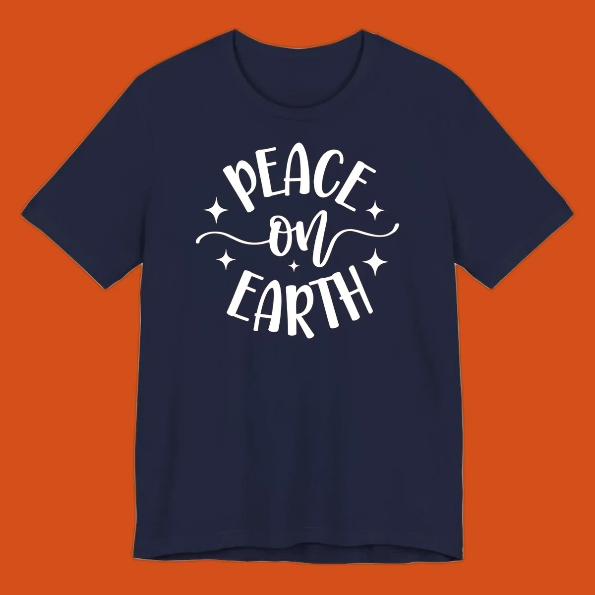 Peace on Earth holiday typography design with stars and swirls.