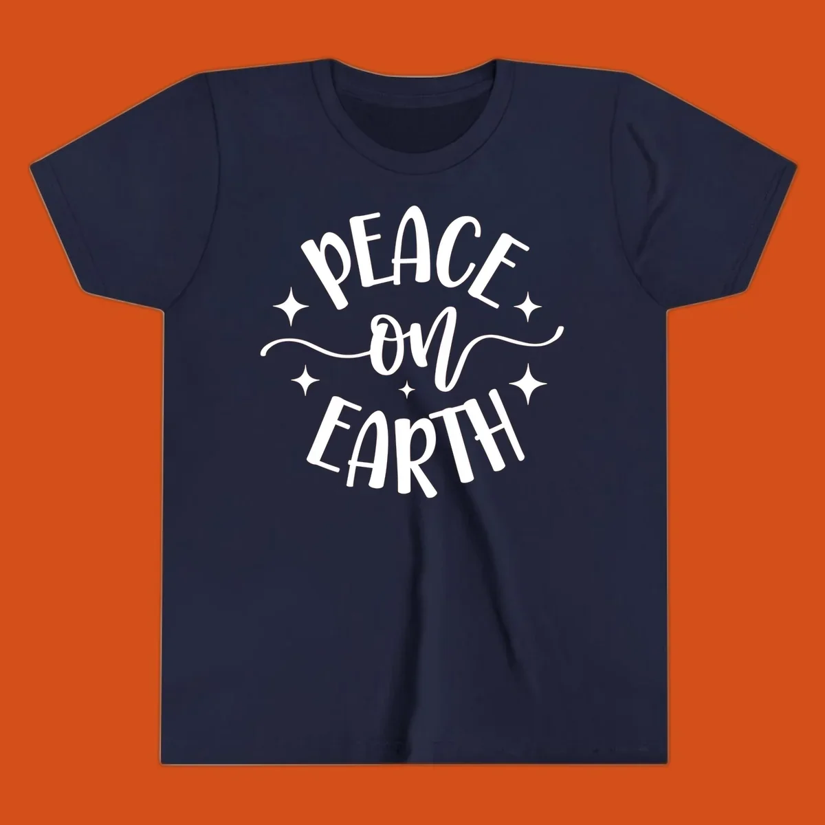 Peace on Earth holiday typography design with stars and swirls.