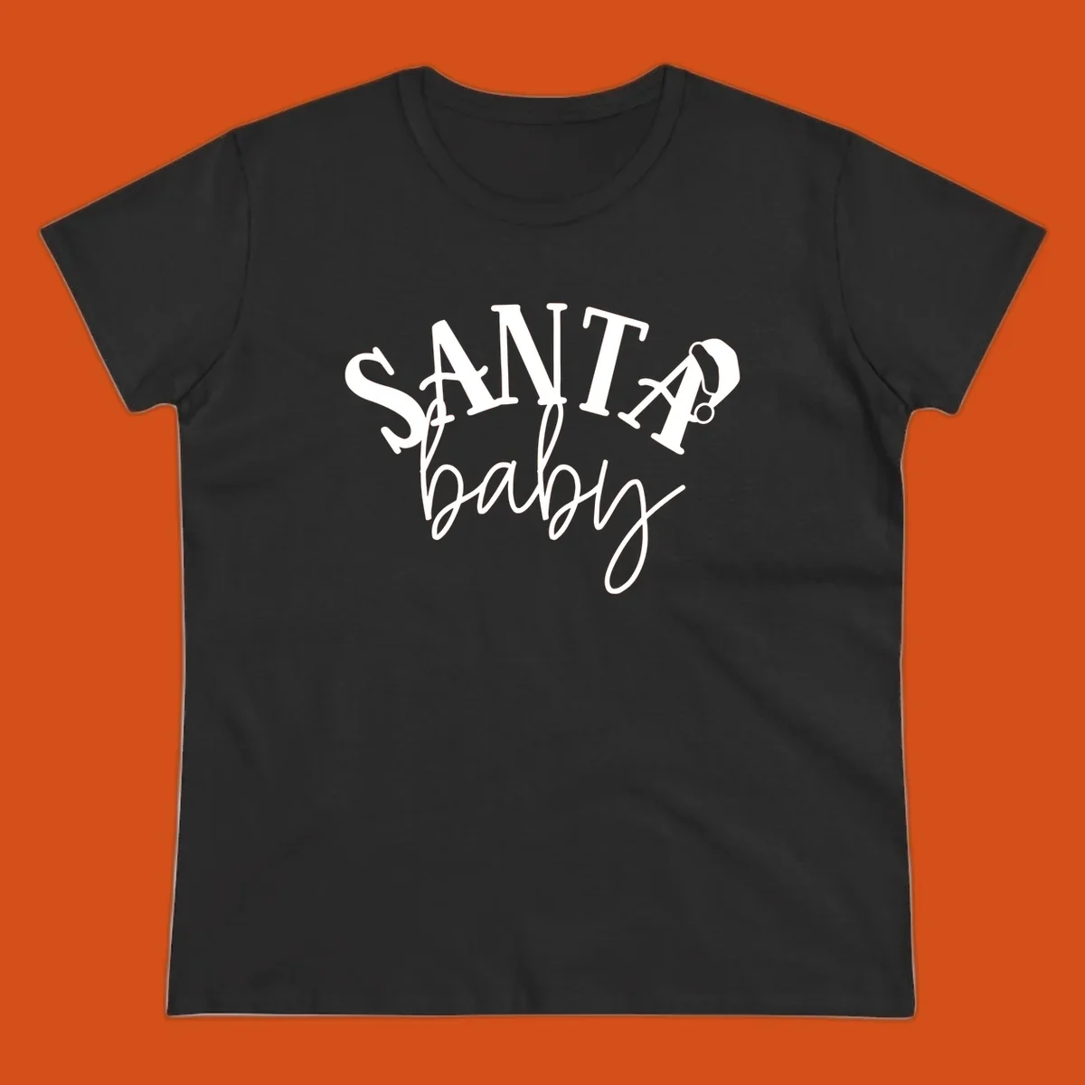 Santa baby Christmas text design with a Santa hat on the letter A.