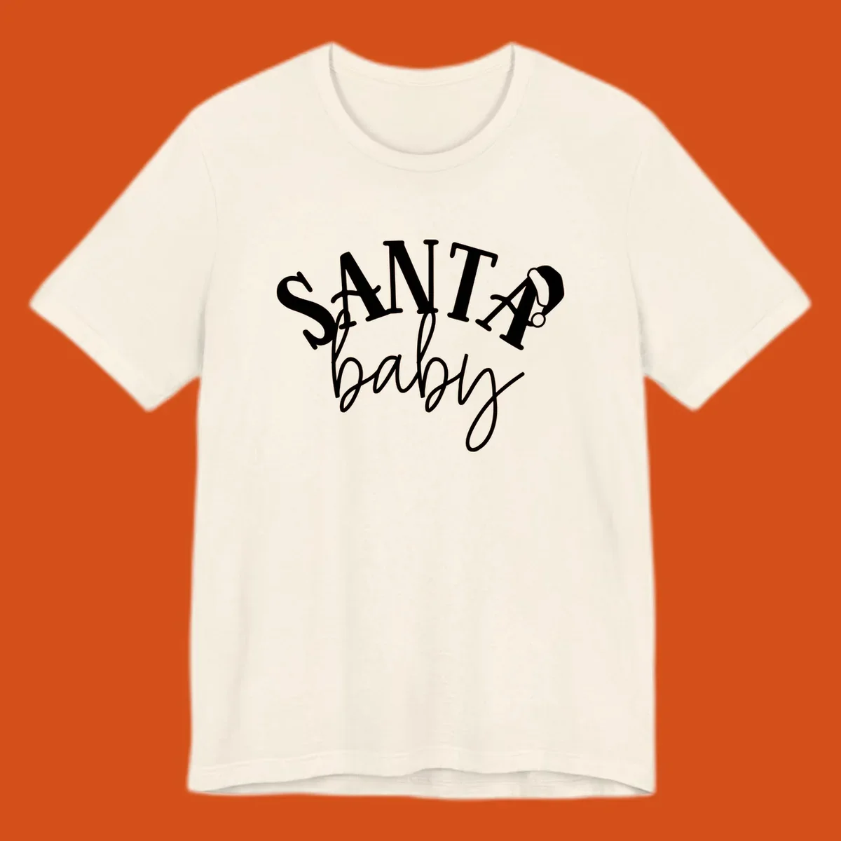 Santa baby Christmas text design with a Santa hat on the letter A.