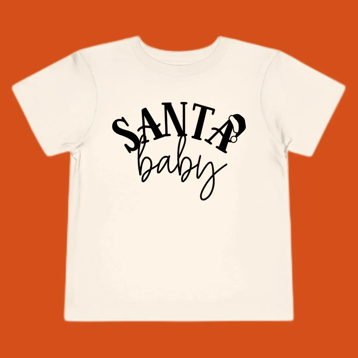Santa baby Christmas text design with a Santa hat on the letter A.