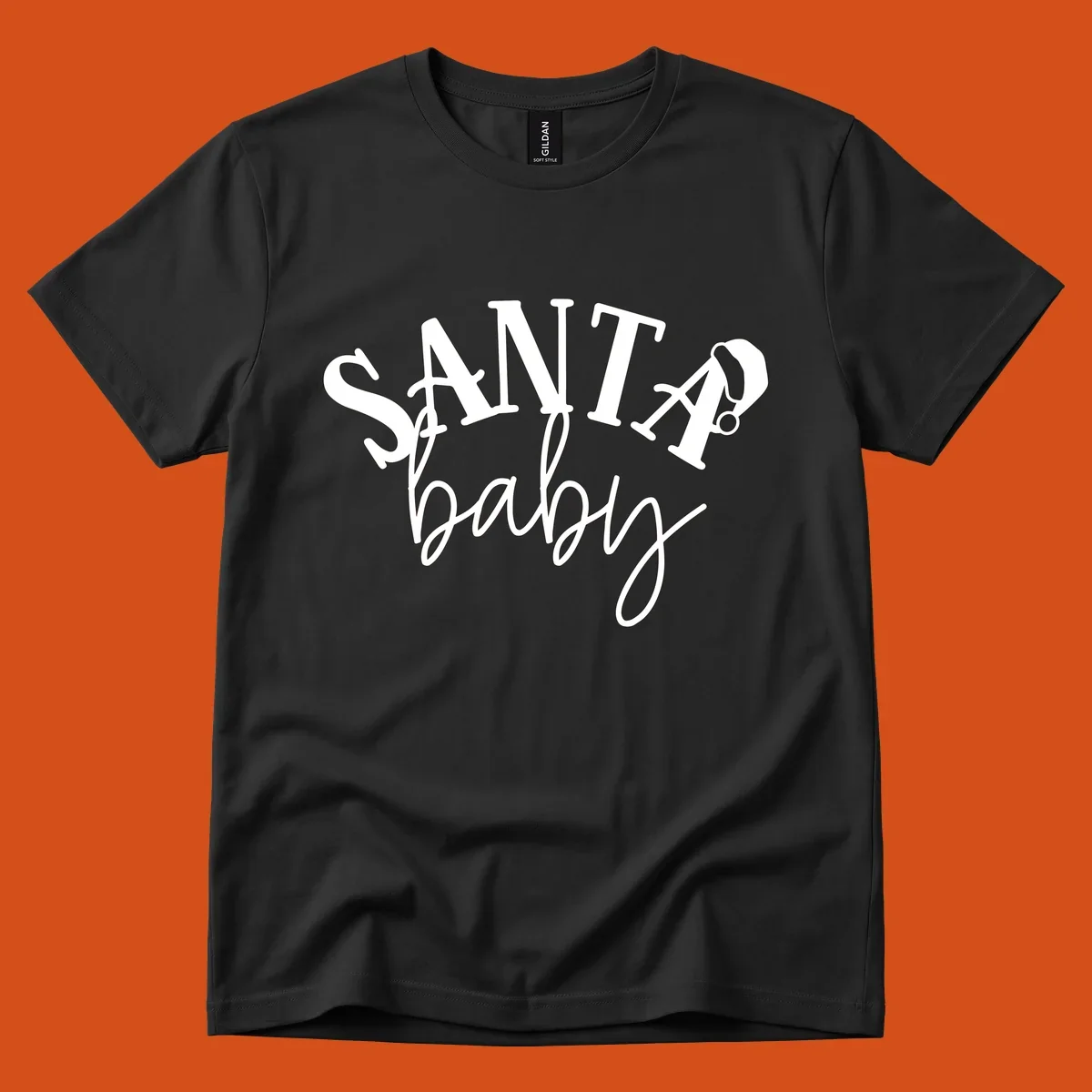 Santa baby Christmas text design with a Santa hat on the letter A.