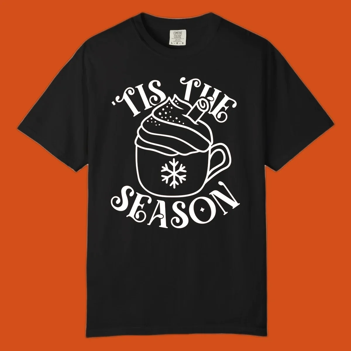 Tis the season hot cocoa mug with snowflake and cinnamon stick, white design on black.