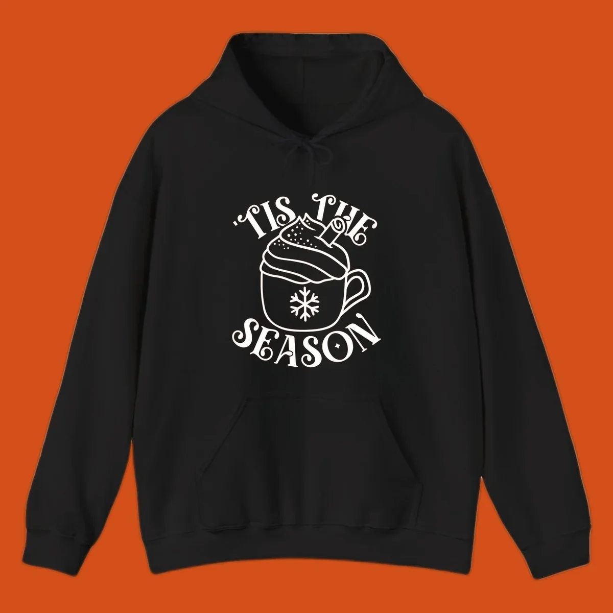 Tis the season hot cocoa mug with snowflake and cinnamon stick, white design on black.
