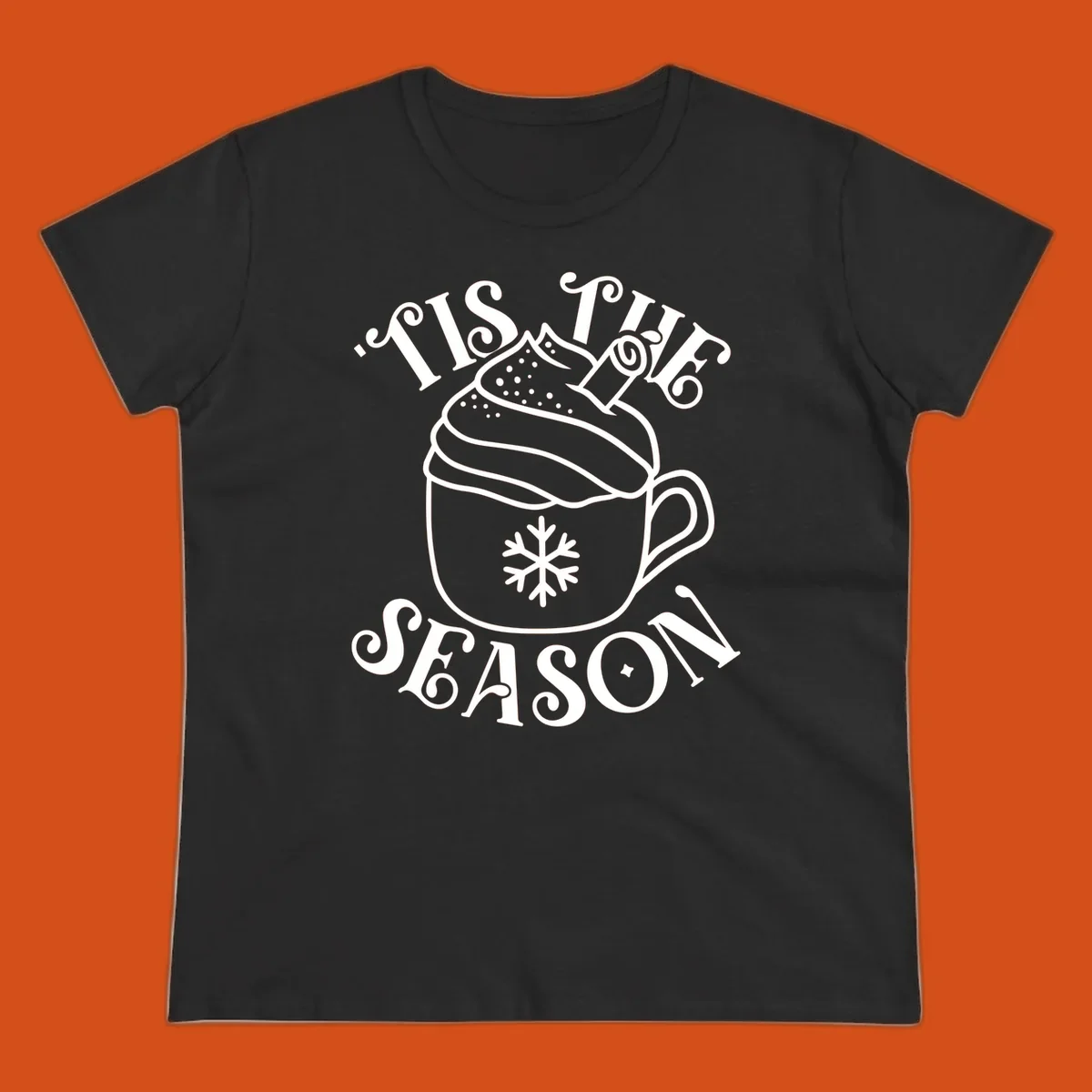 Tis the season hot cocoa mug with snowflake and cinnamon stick, white design on black.