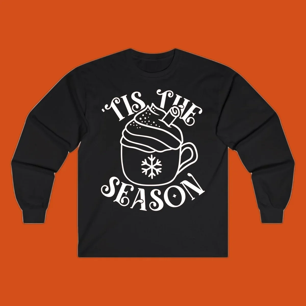 Tis the season hot cocoa mug with snowflake and cinnamon stick, white design on black.