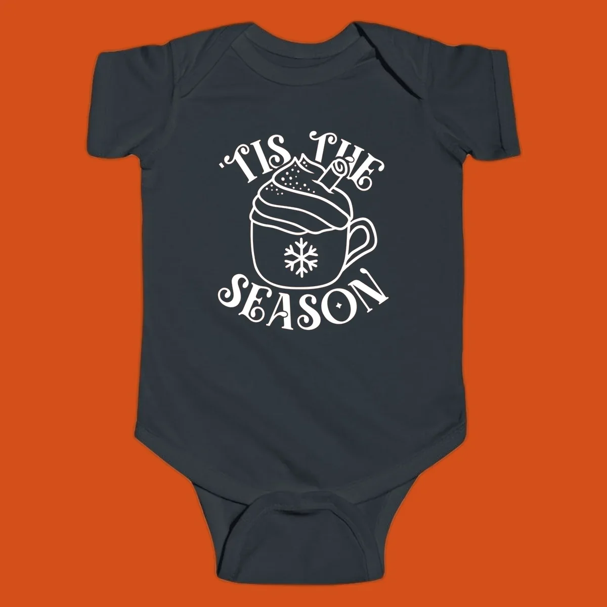Tis the season hot cocoa mug with snowflake and cinnamon stick, white design on black.