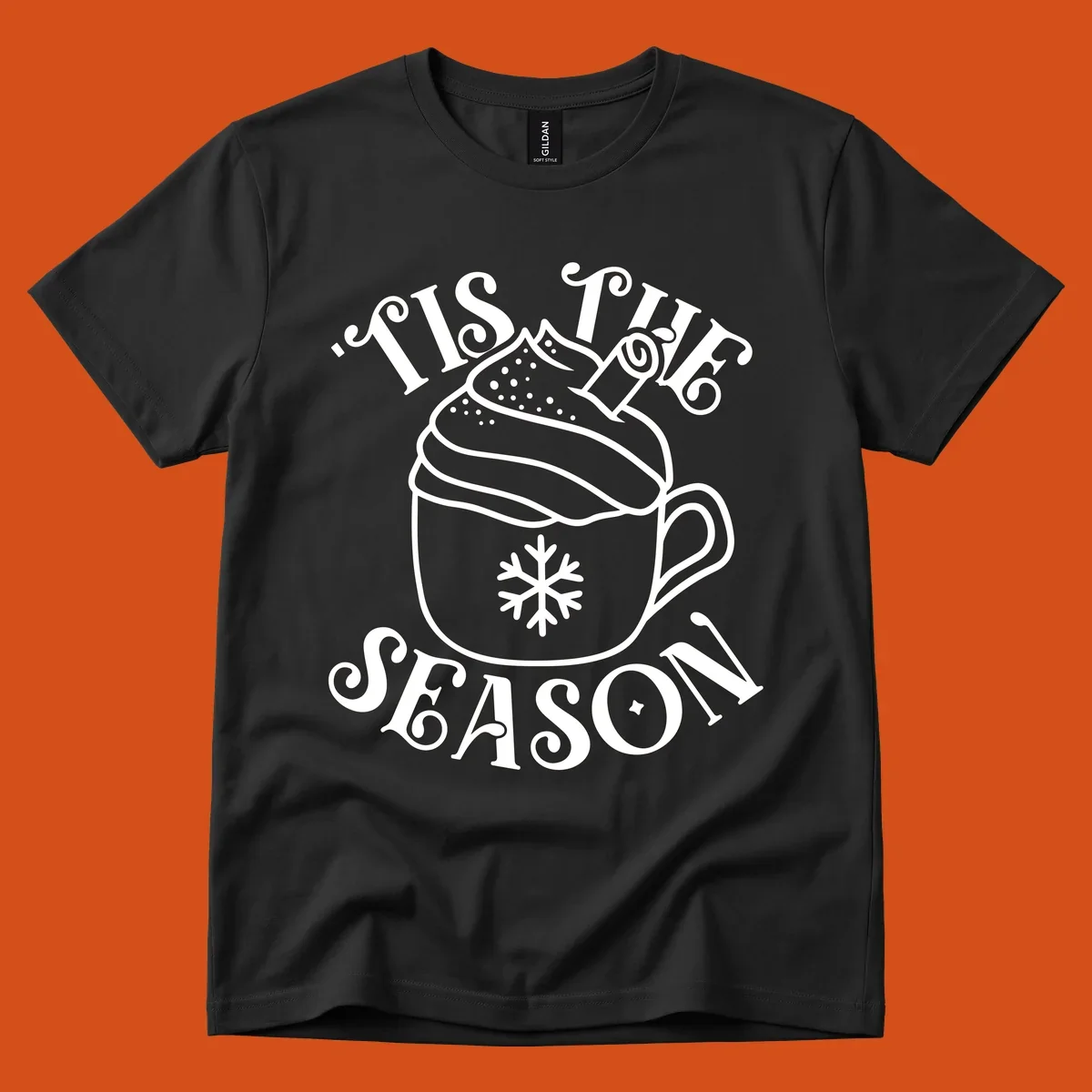 Tis the season hot cocoa mug with snowflake and cinnamon stick, white design on black.