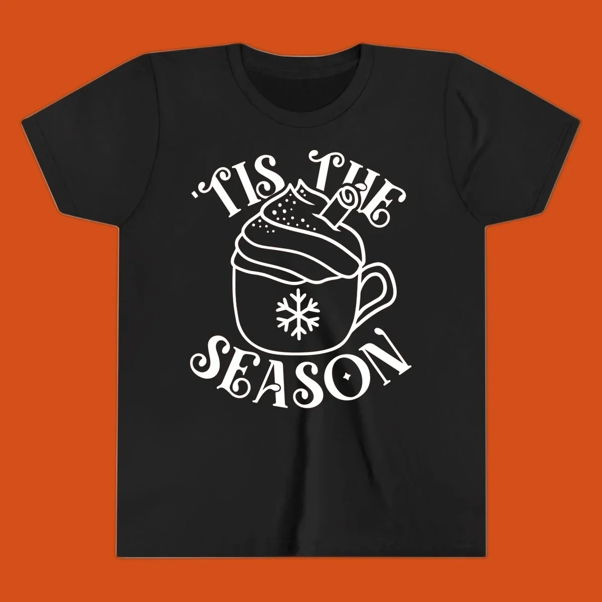 Tis the season hot cocoa mug with snowflake and cinnamon stick, white design on black.