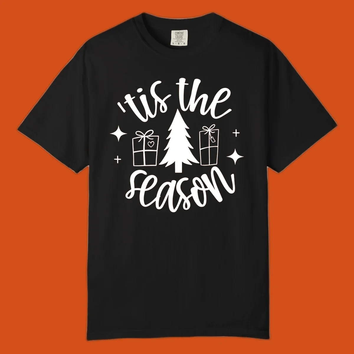 Tis the season holiday gifts with christmas tree and presents illustration on black.