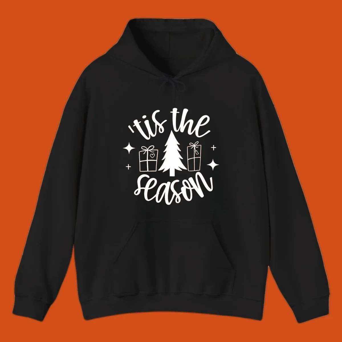 Tis the season holiday gifts with christmas tree and presents illustration on black.