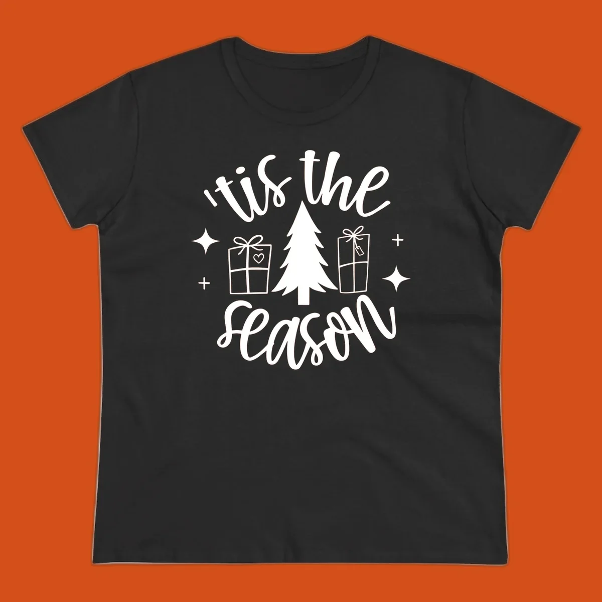 Tis the season holiday gifts with christmas tree and presents illustration on black.