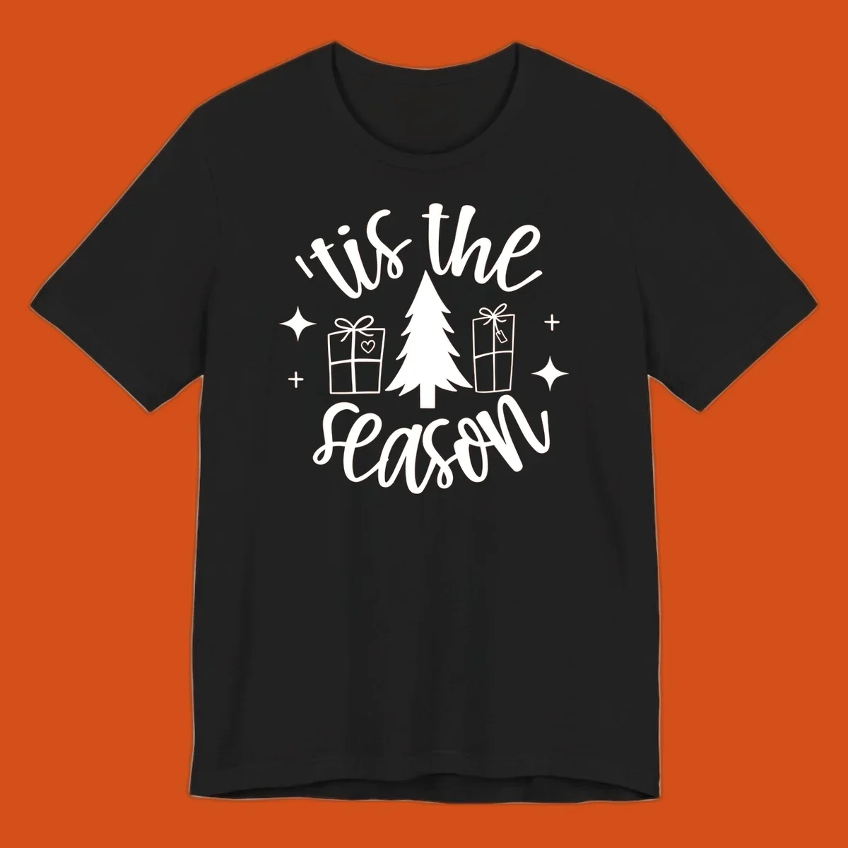 Tis the season holiday gifts with christmas tree and presents illustration on black.