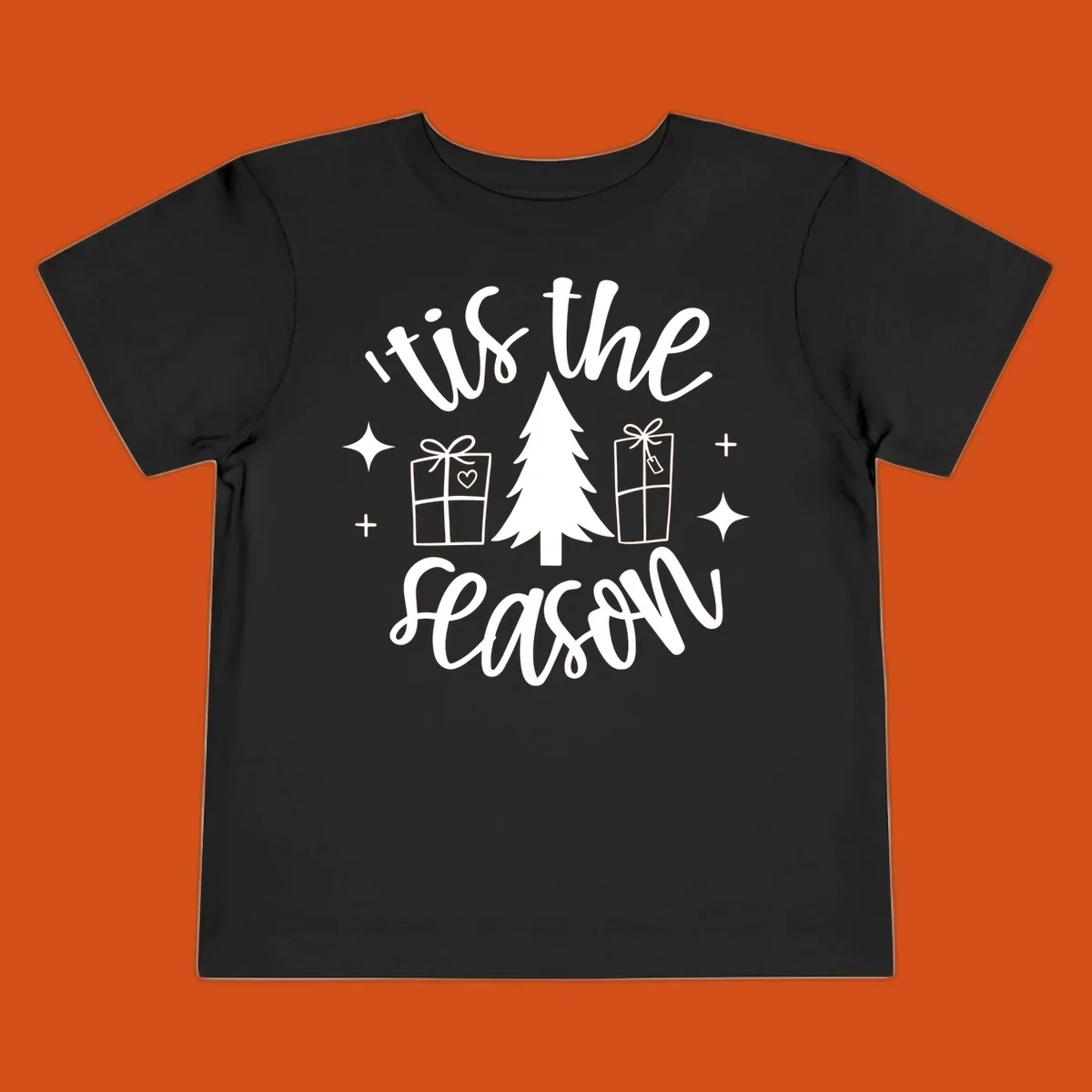 Tis the season holiday gifts with christmas tree and presents illustration on black.