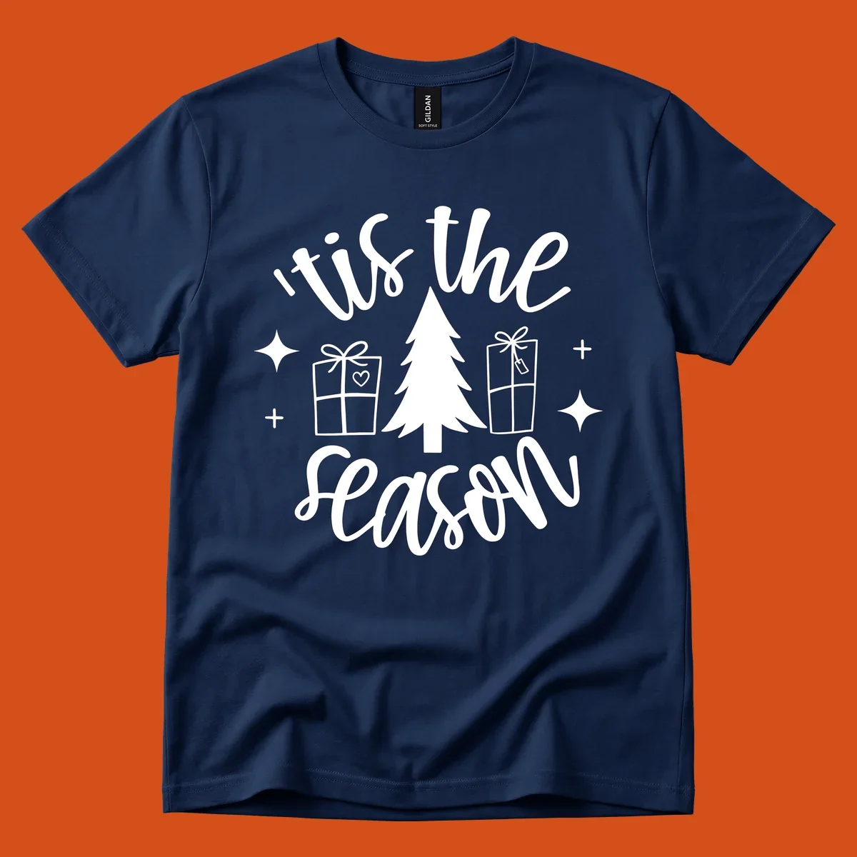 Tis the season holiday gifts with christmas tree and presents illustration on black.