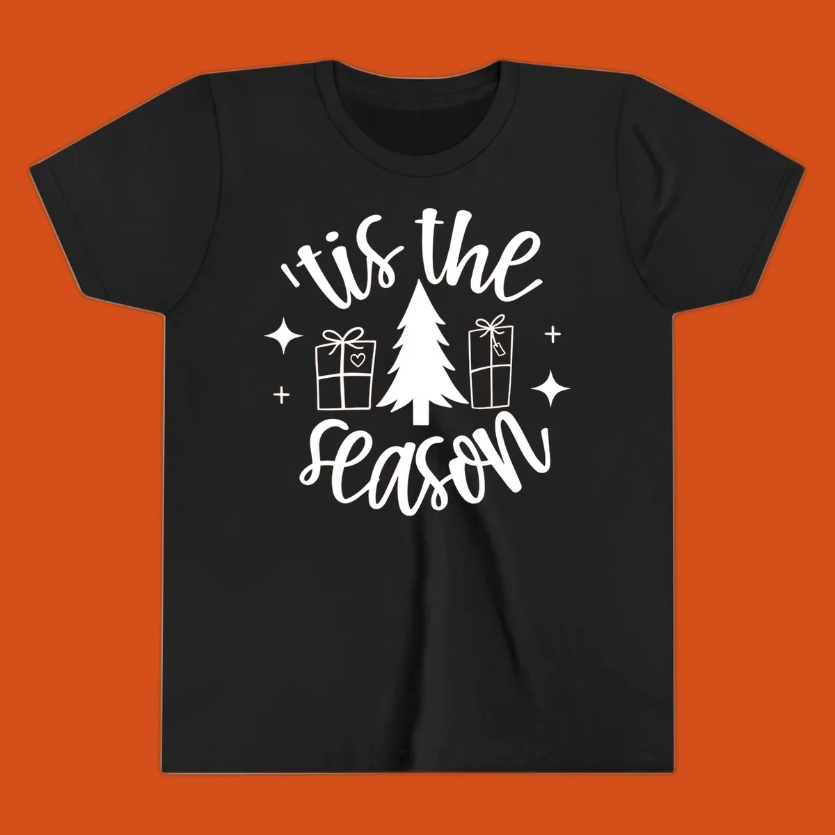 Tis the season holiday gifts with christmas tree and presents illustration on black.