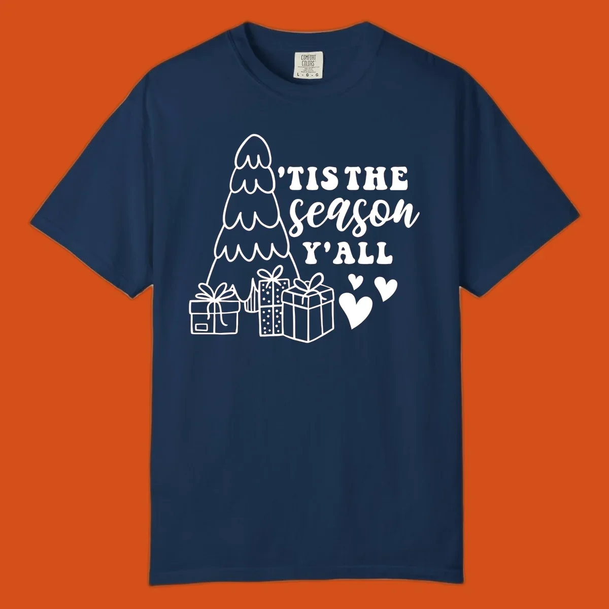 Tis the season yall holiday design with Christmas tree, gifts, and hearts.