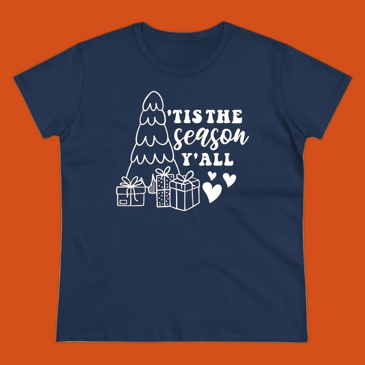 Tis the season yall holiday design with Christmas tree, gifts, and hearts.