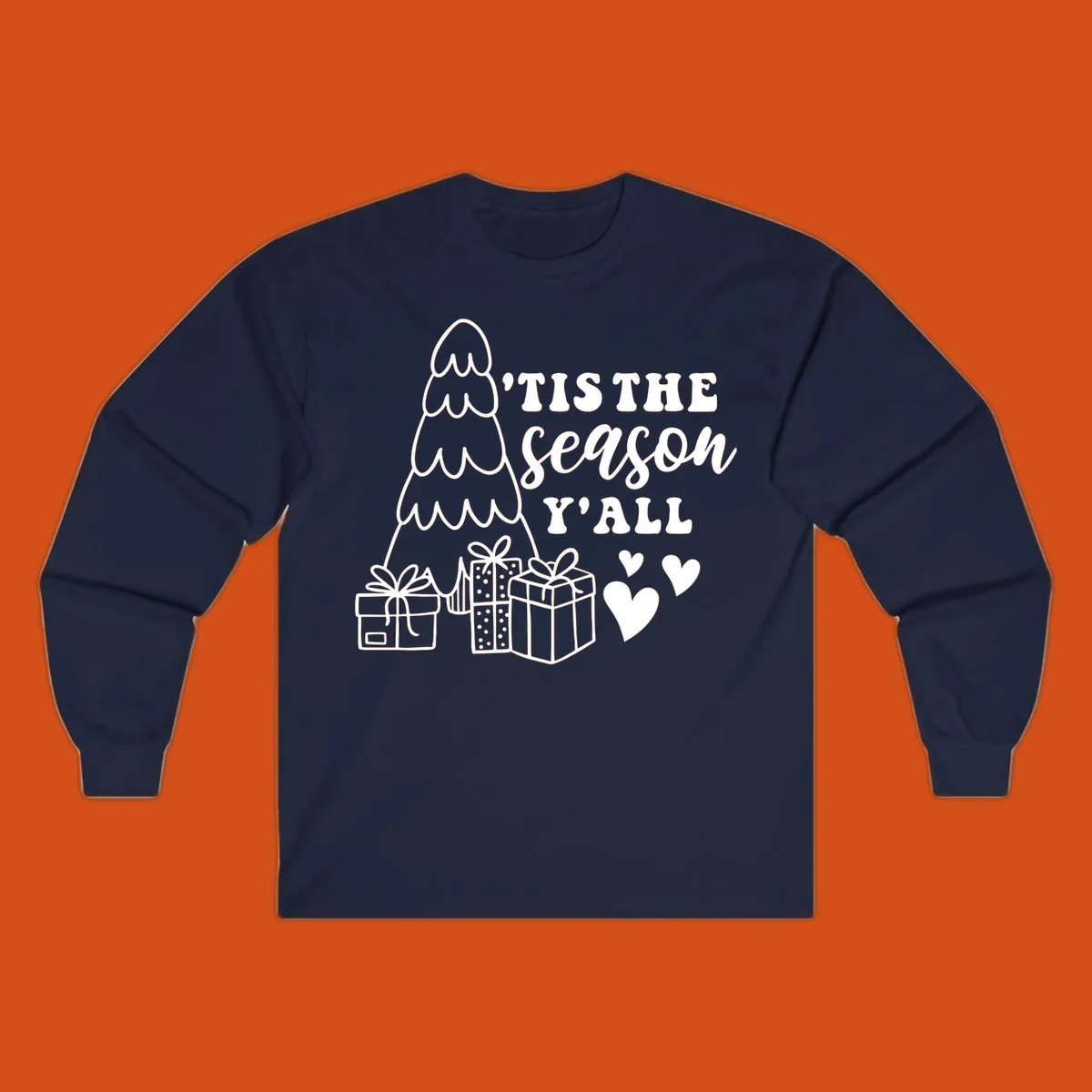 Tis the season yall holiday design with Christmas tree, gifts, and hearts.
