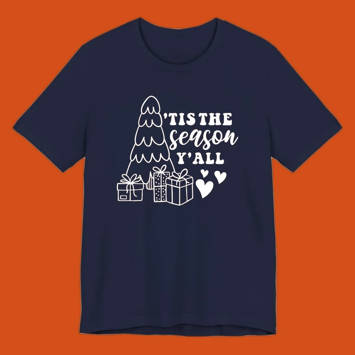 Tis the season yall holiday design with Christmas tree, gifts, and hearts.