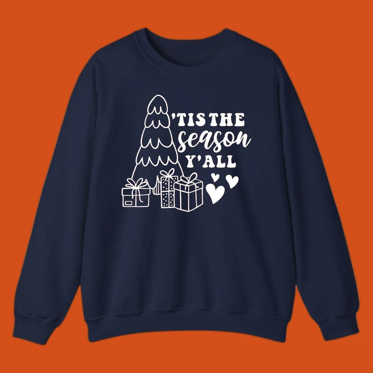 Tis the season yall holiday design with Christmas tree, gifts, and hearts.