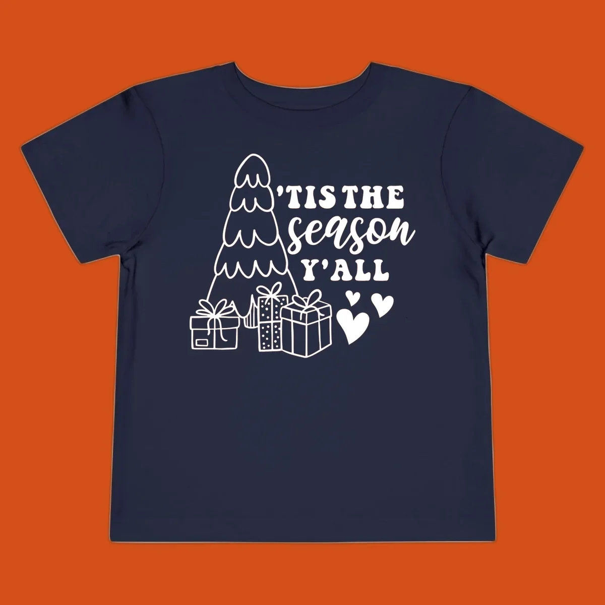Tis the season yall holiday design with Christmas tree, gifts, and hearts.