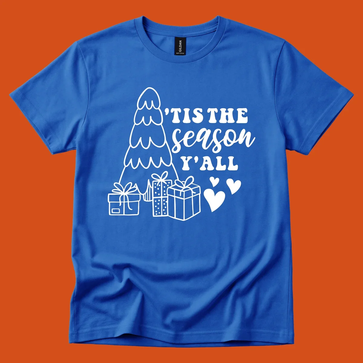 Tis the season yall holiday design with Christmas tree, gifts, and hearts.