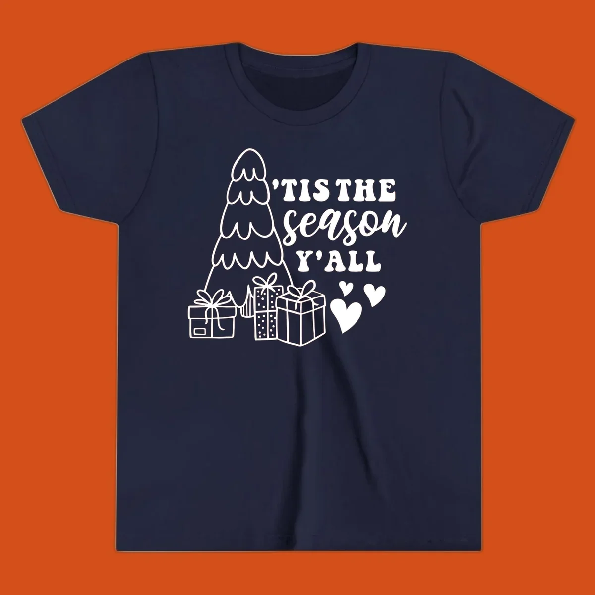 Tis the season yall holiday design with Christmas tree, gifts, and hearts.