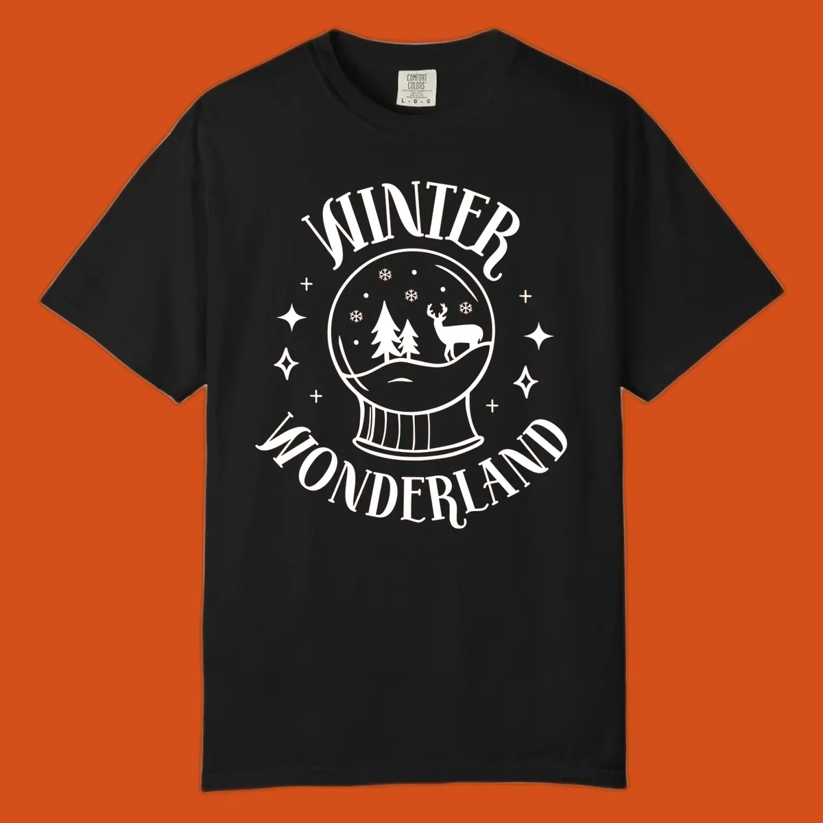 Winter Wonderland snow globe design with deer, trees, and snowflakes. Text reads WINTER WONDERLAND.