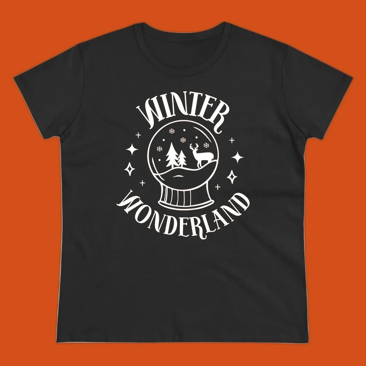 Winter Wonderland snow globe design with deer, trees, and snowflakes. Text reads WINTER WONDERLAND.