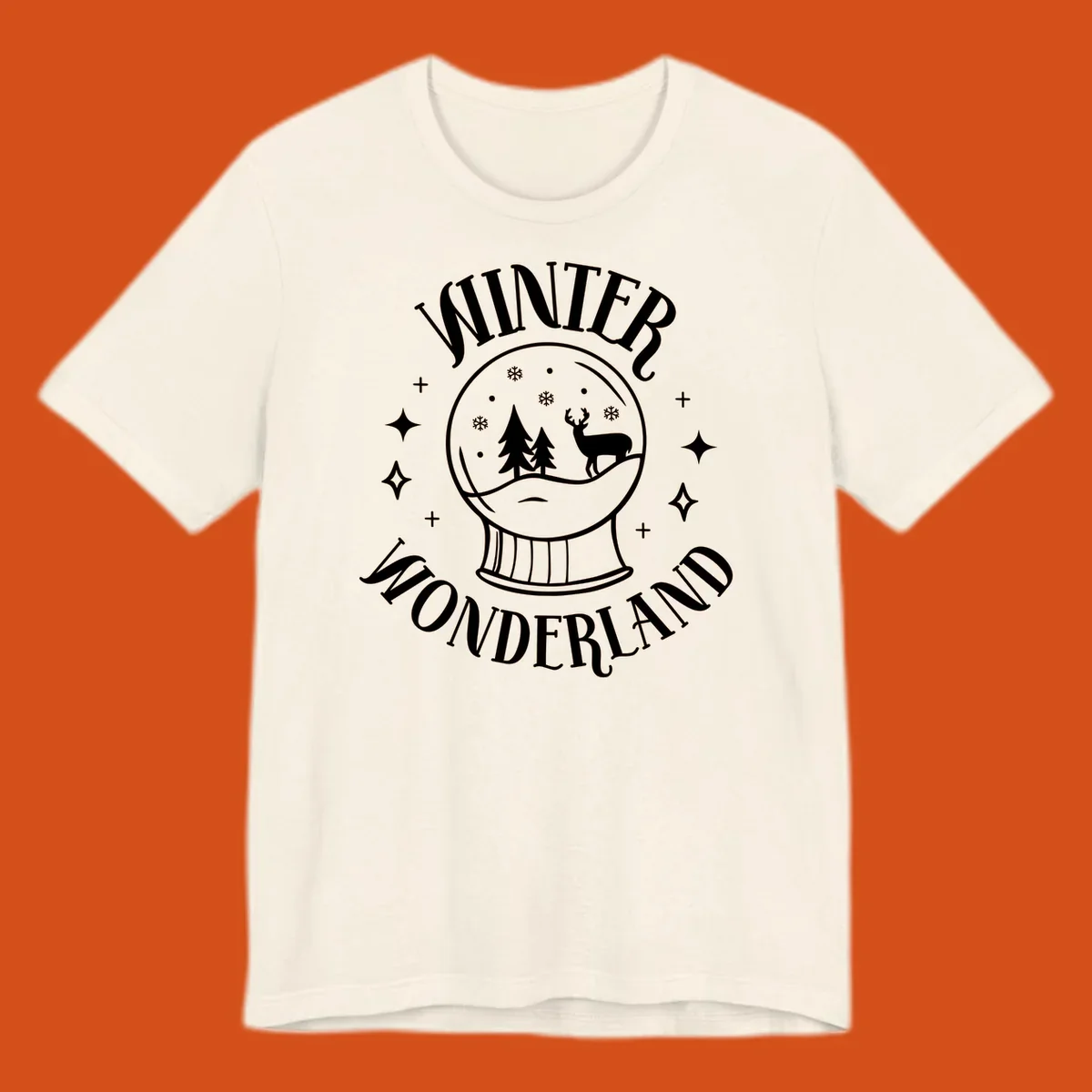 Winter Wonderland snow globe design with deer, trees, and snowflakes. Text reads WINTER WONDERLAND.