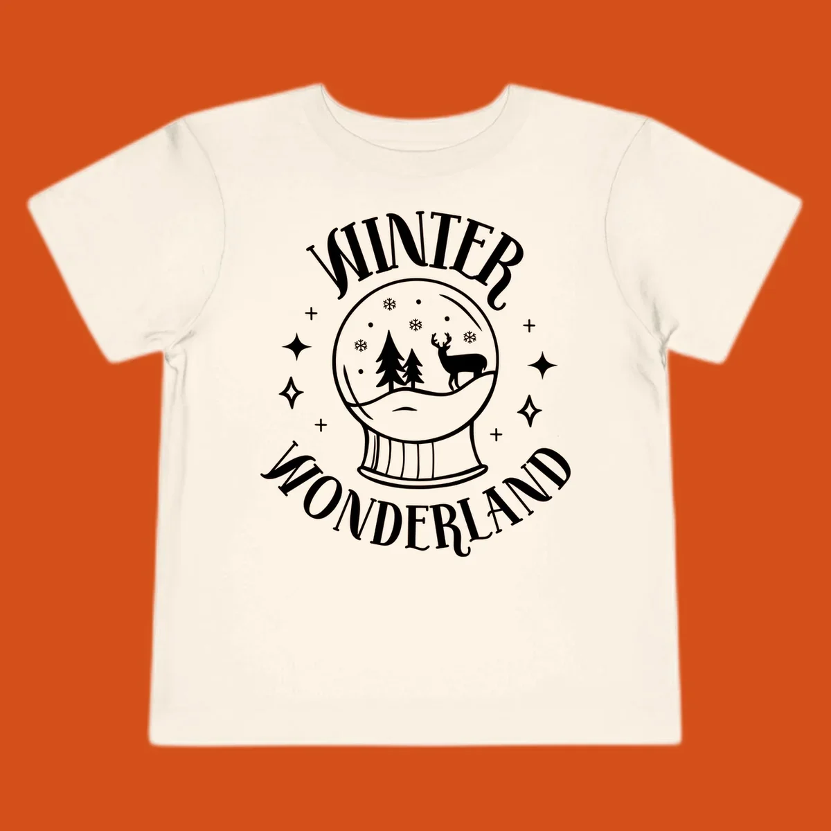 Winter Wonderland snow globe design with deer, trees, and snowflakes. Text reads WINTER WONDERLAND.