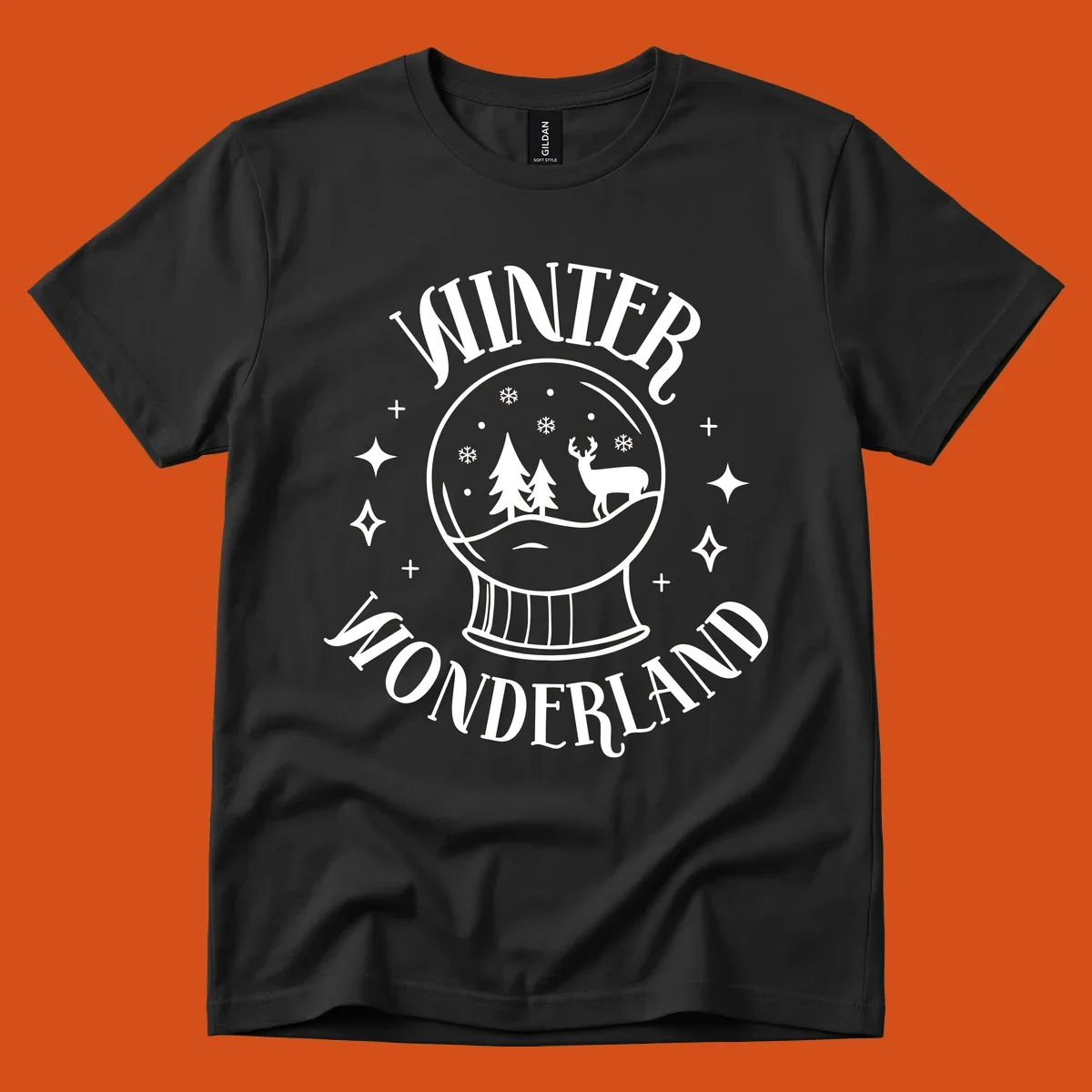 Winter Wonderland snow globe design with deer, trees, and snowflakes. Text reads WINTER WONDERLAND.