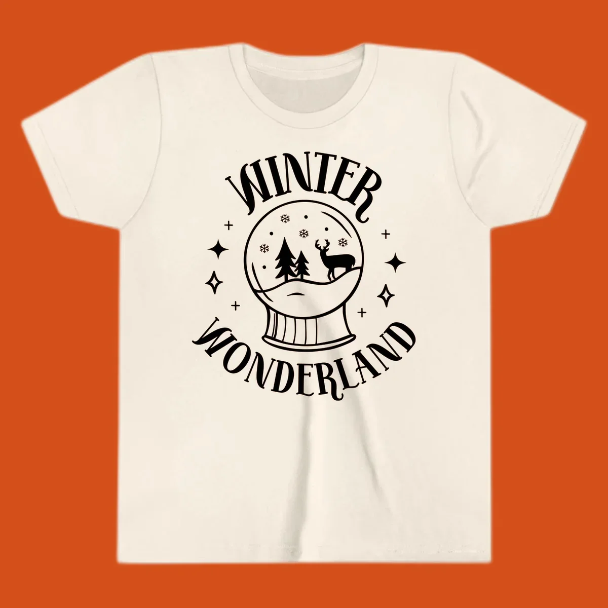 Winter Wonderland snow globe design with deer, trees, and snowflakes. Text reads WINTER WONDERLAND.