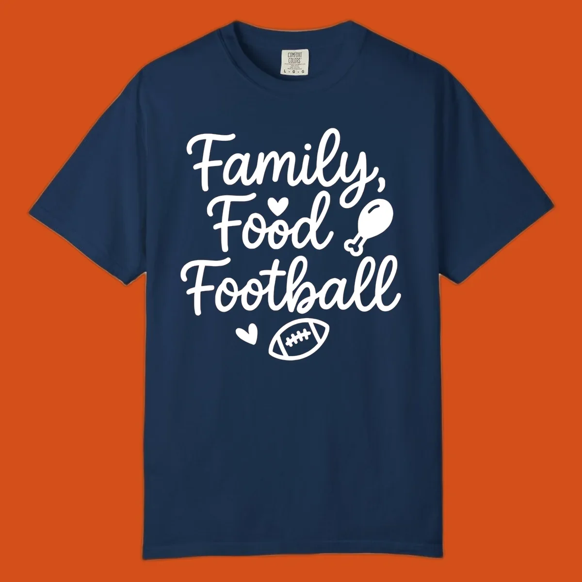 Family Food Football text with icons for Thanksgiving and game day.