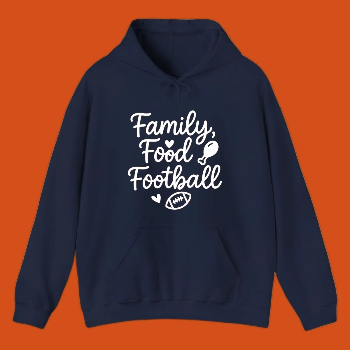Family Food Football text with icons for Thanksgiving and game day.