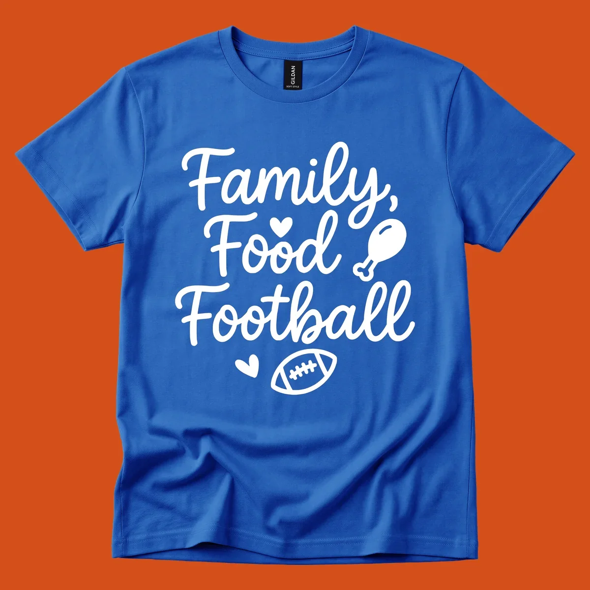 Family Food Football text with icons for Thanksgiving and game day.